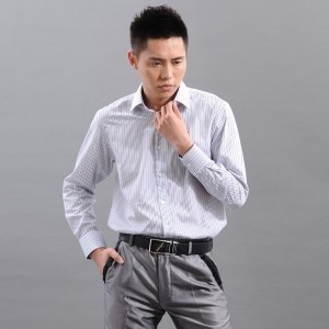 JamesEarl男士商务休闲细条纹长袖衬衫