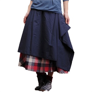 INMAN茵曼女装 大码 宽松 格子 全棉 褶皱半身长裙 百褶裙 SK8066