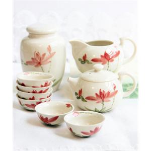 长物志 冰裂荷花 手绘骨瓷9入茶具组（1壶1海6杯1罐）