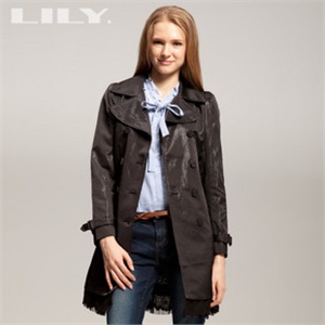 LILY 专柜正品 2011春秋 黑色经典款双排扣蕾丝下摆 中长风衣