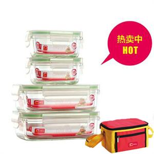 COOLOCK酷扣 玻璃乐扣保鲜盒四件套STZ-008B4玻璃饭盒(便携包装）