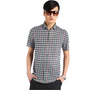 【nonbrand】男装 夏季 100%丝光棉时尚短袖碎花格 衬衫 男