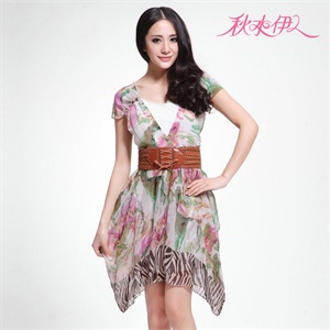 秋水伊人2012夏装新款时尚雪纺印花花苞连衣裙112202153