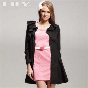 LILY 专柜正品 2011春秋 黑色荷叶型领带腰带宽下摆 中长风衣