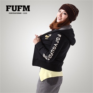 FUFM 2012春装新品 女款时尚贴布连帽开衫卫衣 女外套W10USW011