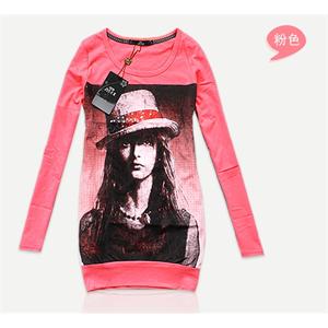 4色 法国ZLUCIE品牌2011新品戴帽的长发少女珠片绣胶印画T恤