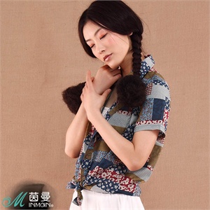 INMAN茵曼 女装 翻领碎花几何拼接女衬衫H822042586
