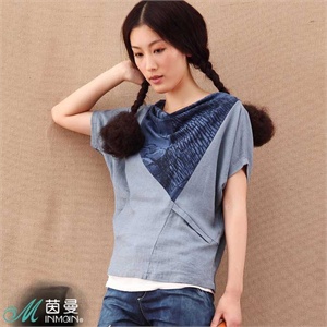 茵曼女装2012夏装新款个性修身蝙蝠袖套头女款短袖衬衫822013269