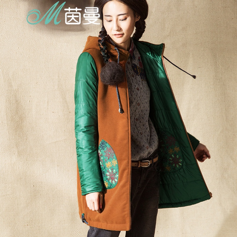 【<em>茵曼外套</em>】<em>茵曼</em> 2014<em>冬装</em>新撞色拼接贴袋民