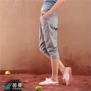 茵曼女装2012夏装新款罗纹拼接分割纯棉七分吊裆裤女822093299