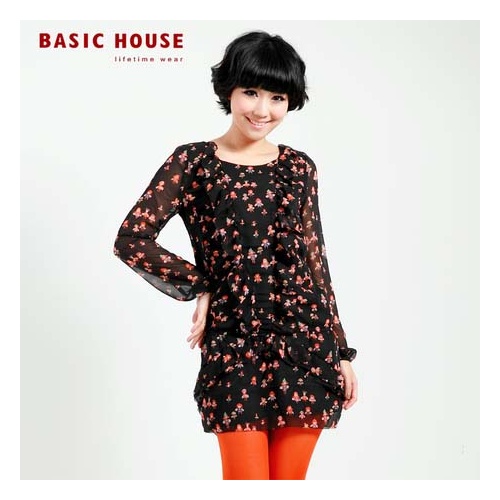 basic house百家好秋季新品女装碎花雪纺连衣裙hlop521a