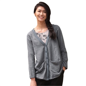 INMAN茵曼女装 大码 宽松 麻料 V领 显瘦 开衫 长袖衬衫 B10127