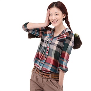 INAMN茵曼女装 大码自然时尚拼色修身连帽长袖格子衬衫 B10078