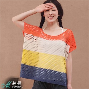 茵曼女装2012夏新款圆领四色勾花彩虹条针织衫H822022564