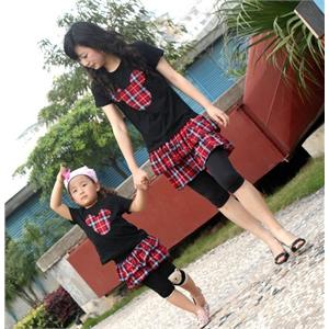2011新品 爱欣贝贝 超Q格子米奇头T恤+蛋糕裙母女套装 D005黑红配
