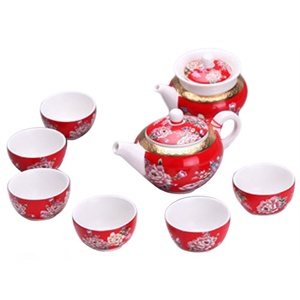 [当当自营]苏氏 亚光白釉凹凸金红牡丹10茶具组75892