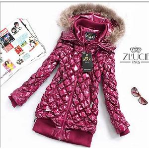 法国ZLUCIE品牌~亮丽迷人菱形小泡泡自然修身长款包臀连帽羽绒服