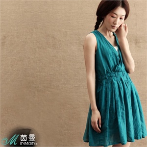 INMAN茵曼2012夏装新款V领压褶收腰百褶无袖连衣裙822103649