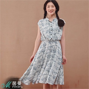 INMAN茵曼夏装 大码女装百褶背心裙碎花连衣裙Y822103514