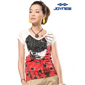 JOYNEW V领印暗花与前幅印花T恤 WF0020