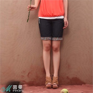 茵曼女装 腰头拼碎花面料纯棉牛仔短裤女PT3076