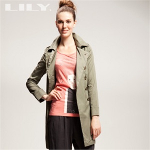 LILY 2011春秋 浅米 翻领肩章腰带单排扣 中长风衣
