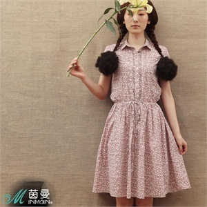 INMAN茵曼 夏装 纯棉 翻领半开襟系腰带碎花连衣裙822102729