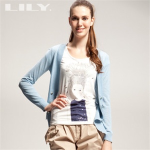 LILY 专柜正品 2011春秋 天蓝 开衫贴布纽扣装饰 长袖针织衫