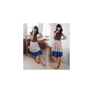星琦舞宽条拼色连衣裙 夏季新款孕妇裙 大裙摆MNNQ12011