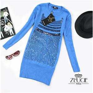 ZLUCIE~2色~抽像猫头鹰黑亮片修身包臀显瘦百搭毛衣