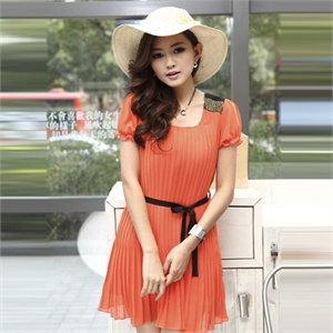 薇茹 2012夏季新款韩版肩章装饰 甜美百褶连衣裙WRLDB1275