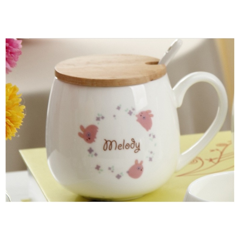 melody 可爱小动物大肚陶瓷杯水杯马克杯 创意简约咖啡杯带盖送勺子