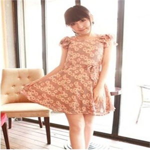 依山傍水2012夏装女装韩版泡泡袖花朵束腰小雏菊连衣裙SYL1098