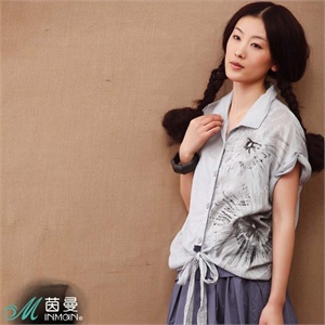 INAMN茵曼 女装 系带修身衬衫亚麻女款短袖衬衣822013292