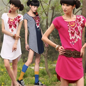 裂帛春夏 绣花圆弧摆 短袖连衣裙 新款22150226墨朵