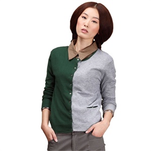 INMAN茵曼女装 纯棉 拼接撞色 开衫 圆领 单排扣 短款毛衣 SW8239