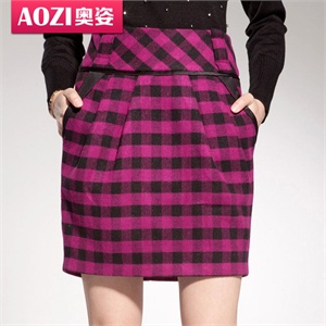 Aozi奥姿 2012春装 新款女装瑞丽玫红格纹修身高腰花苞裙ZH039
