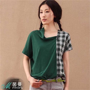 INMAN茵曼女装堆积领纽扣装饰拼格子女衬衫822022438