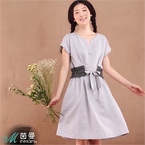 茵曼女装2012夏装新款撞色拼接卷边布条装饰麻料连衣裙822103368