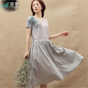 INMAN茵曼2012夏装新款圆领腰部系绳子百褶印花连衣裙822102739