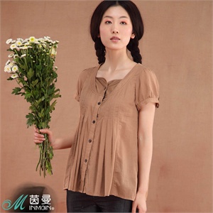 茵曼女装2012夏装新款牙签褶前开襟细条纯棉女衬衫822013365