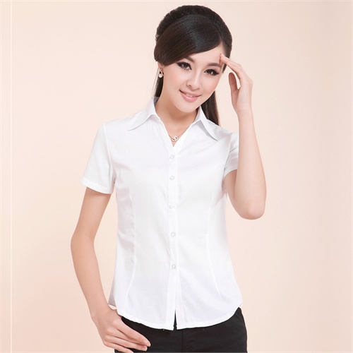 杰美依璐 免烫棉短袖白衬衫女翻领v领衬衣修身职业装