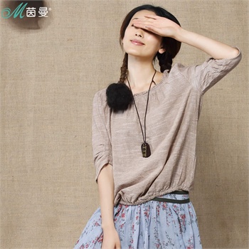 茵曼2014春装新款圆领七分袖棉麻修身套头衬衣女装衬衫【822022414】