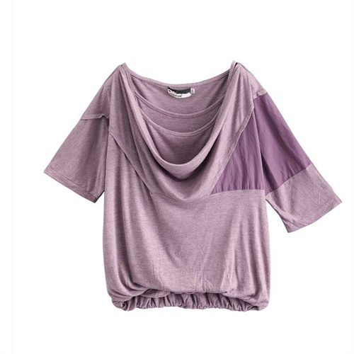 茵曼 春装罗马领连身袖设计紧边中袖t恤8310210886_浅紫色,l
