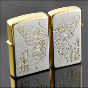 正品zippo打火机 镀金单面蝴蝶情侣对机