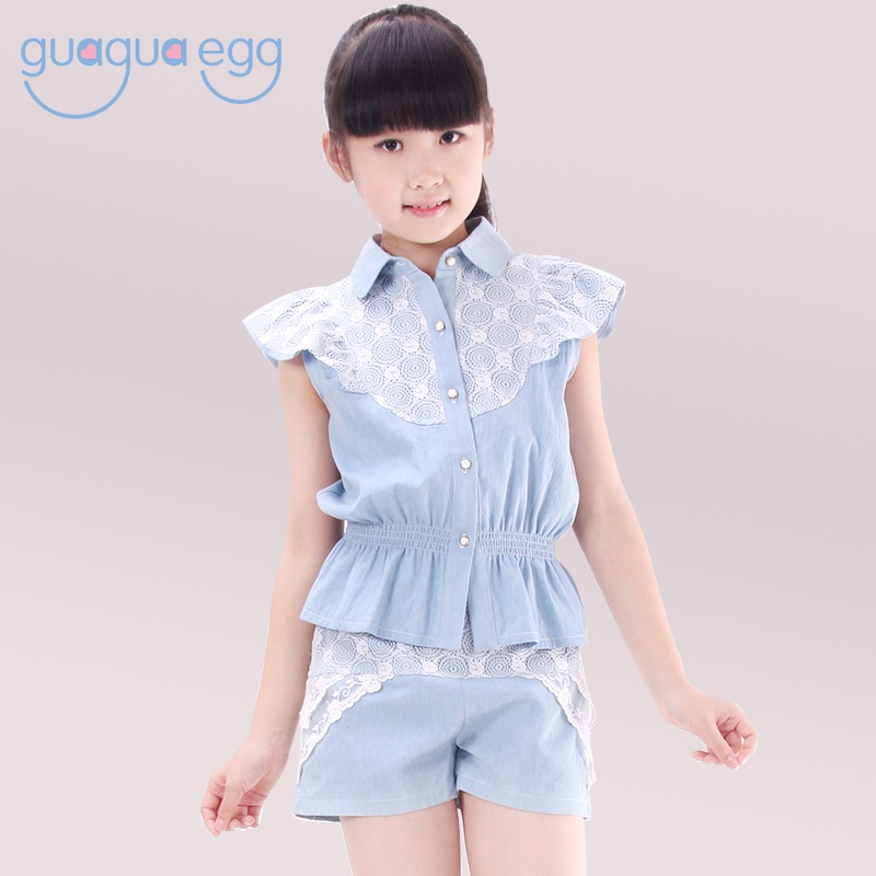 guaguaegg女童裝夏季套裝2014夏裝新款大童女裝韓版收腰牛仔套裝 夏裝