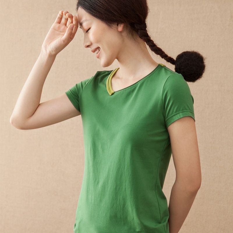 茵曼2014夏装新款女棉质领边撞色侧抽褶短袖t恤【8420