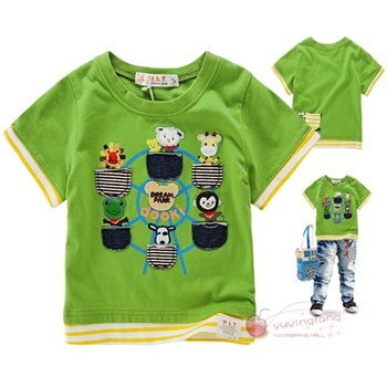 煜婴坊 童装 卡通贴布口袋印花 男童 短袖t恤 男童上衣_t2009绿色
