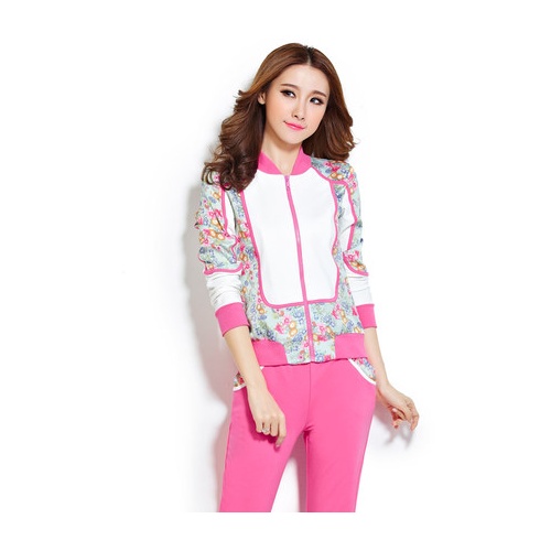 韩版女装时尚碎花休闲运动服套装长袖拼色运动服休闲服装潮春秋装