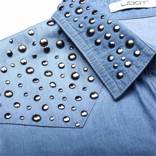 udot右道 铆钉牛仔衬衫女长袖衬衣朋克bf风潮c231